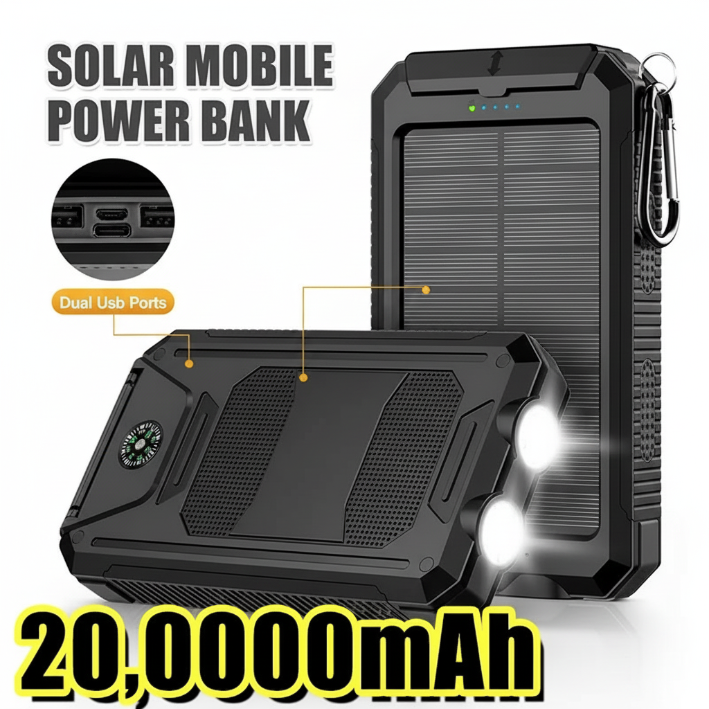 200000mAh Solar Power Bank Portable Waterproof Outdoor Dual USB Ports Fast Charging LED Flashlight for iPhone Tablet and Android