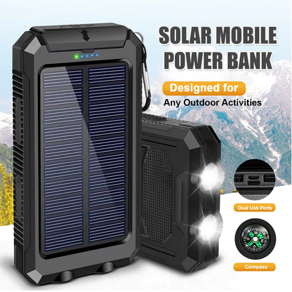 200000mAh Solar Power Bank Portable Waterproof Outdoor Dual USB Ports Fast Charging LED Flashlight for iPhone Tablet and Android