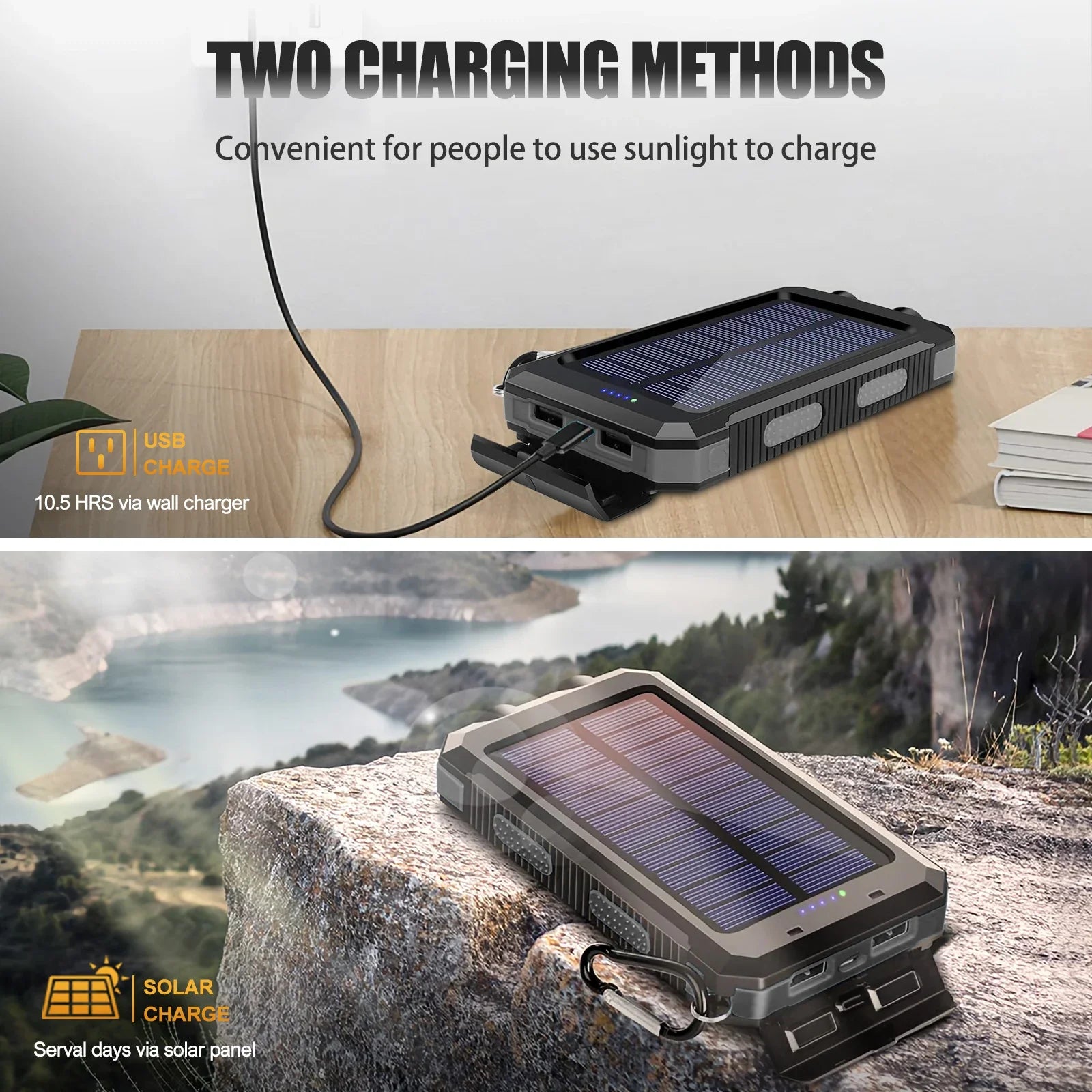200000mAh Solar Power Bank Portable Waterproof Outdoor Dual USB Ports Fast Charging LED Flashlight for iPhone Tablet and Android