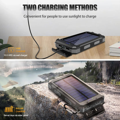 200000mAh Solar Power Bank Portable Waterproof Outdoor Dual USB Ports Fast Charging LED Flashlight for iPhone Tablet and Android